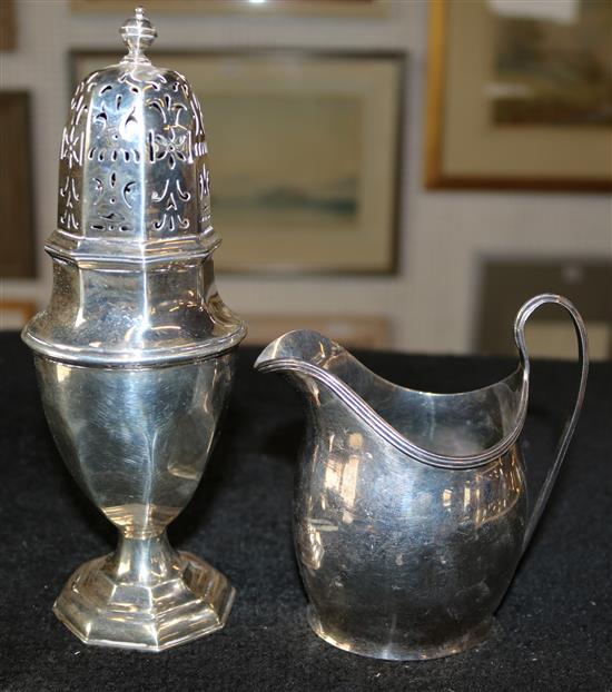Silver caster and cream jug